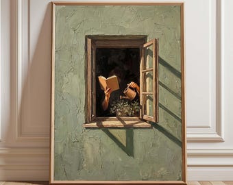 Woman Reading Window Poster, Book Lover Wall Art, Cottagecore Plant Decor, Sage Green Literary Print, Quiet Morning Gift