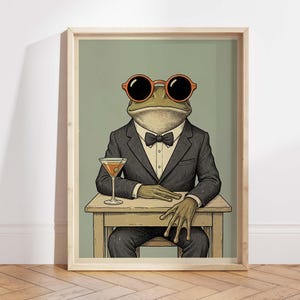 Lámina artística divertida de cóctel de rana, póster surrealista de rana elegante