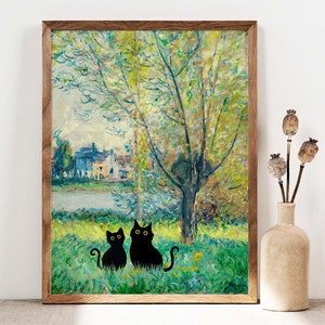 Black Cat art, Monet Cat Print, Two Black Cats Poster, Cat Art, Funny Cat print, Cat and Kitty Funny gift Idea Cat In Famous Painting PS0518