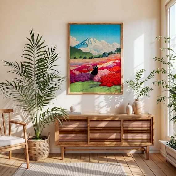 Black Cat Mount Fuji From an Azalea Garden Poster, Landscape