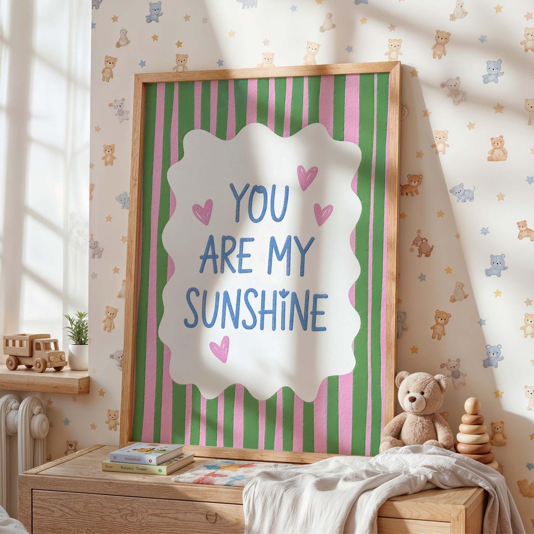 You Are My Sunshine Nursery Print, Pink Green Stripes, Pastel Kids Room ...
