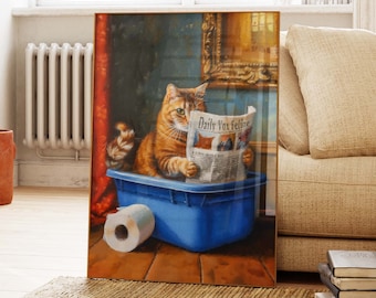 May include: A brown tabby cat sits in a blue plastic tub reading a newspaper titled "Daily Vox Feline". A roll of toilet paper is on the floor next to the tub.