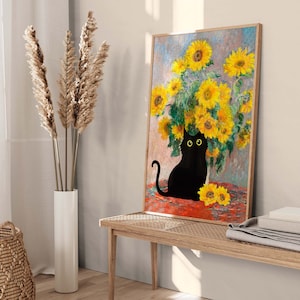 Impression de chat tournesols de Claude Monet, affiche de chat de Monet, art de chat noir, impression florale, impression de chat drôle, cadeau drôle, affiche de décoration intérieure PS0342 image 4