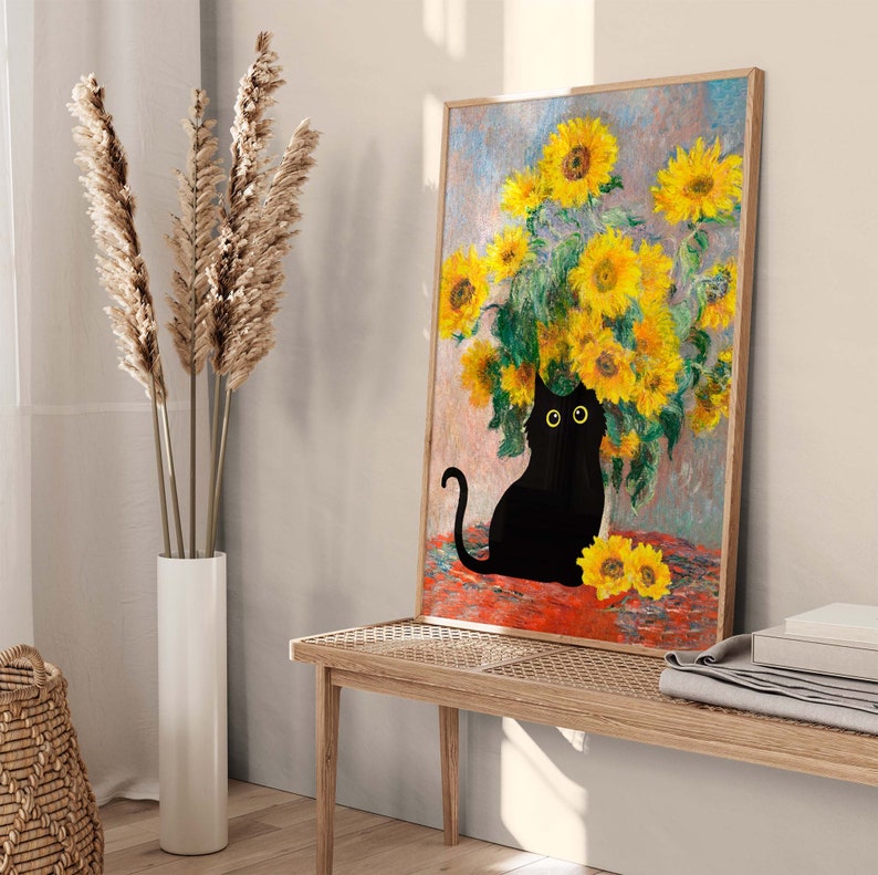 Claude Monet Sunflowers Cat Print, Monet Cat Poster, Black Cat Art, Floral Print, Funny Cat print, Funny gift, Home decor Poster PS0342 image 4