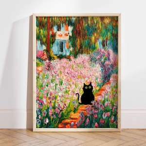 Monet Garden Cat Print, Claude Monet Flowers Cat Poster, Irises Cat Art, Floral Print, Funny Cat print, Funny gift, Home decor Poster PS0469