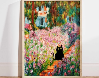 Monet Garden Cat Print, Claude Monet Flowers Cat Poster, Irises Cat Art, Floral Print, Funny Cat print, Funny gift, Home decor Poster PS0469