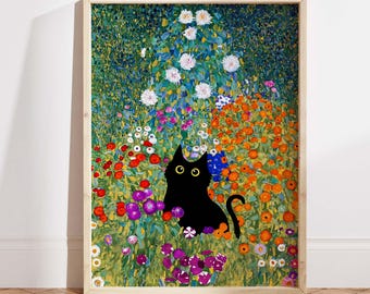 Gustav Klimt Garden Cat Print, Klimt Flowers Cat Poster, Black Cat Art, Floral Print, Funny Cat print, Funny gift, Home decor Poster