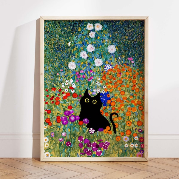 Impresión de gato de jardín de Gustav Klimt, póster de gato con flores de Klimt, arte de gato negro, impresión floral, impresión de gato divertido, regalo divertido, póster de decoración del hogar