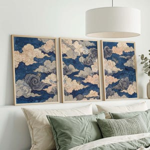 Cloud wall art set of 3, blue Japandi bedroom prints, Japanese sky poster triptych, gold celestial above bed decor