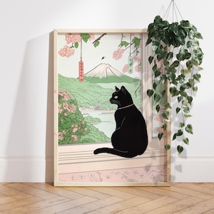 Mount Fuji and Black Cat Japanese Print, Japan Landscape Poster, Aesthetic wall art, Neutral minimalist poster Unique Cat Lover Gift PS0704