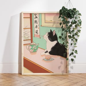 Tuxedo cat drinking tea, Japan art print, Japanese wall decor, Neutral minimalist poster, Aesthetic wall art, Unique Cat Lover Gift PS0715