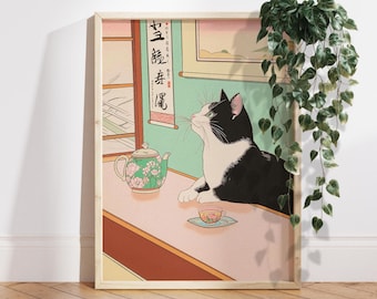 Tuxedo cat drinking tea, Japan art print, Japanese wall decor, Neutral minimalist poster, Aesthetic wall art, Unique Cat Lover Gift PS0715