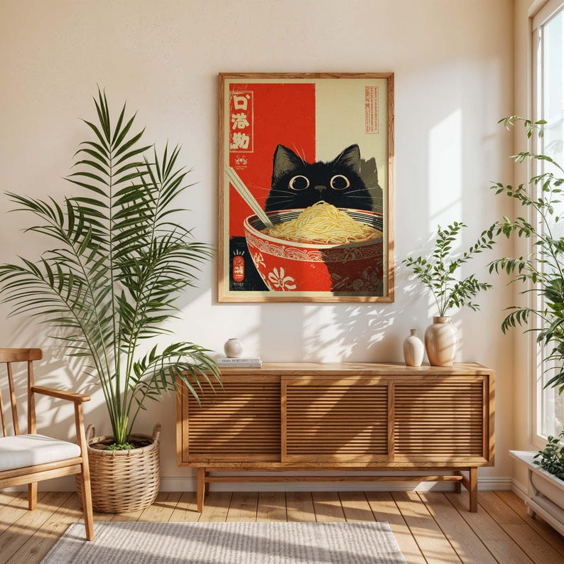 May include: A framed art print featuring a black cat peering over a bowl of noodles. The bowl is red with white floral designs. The background is red and beige with Japanese text. The cat has large, round eyes.