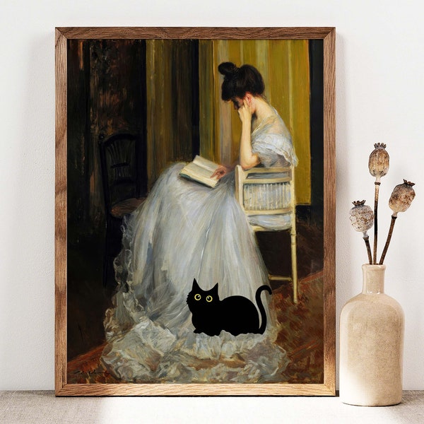 Black Cat Art, The Reader Cat Print, Reading Woman With Black Cat Poster, Funny Cat print, Funny cat gift Idea, Back Cats Painting PS0517