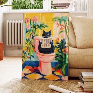 Black Cat On a Toilet Print, Bathroom Cat Print, Pink Dopamine Decor, Funny Bathroom Wall Art, Cat Pooping Print, Gift For Cat Lover PS0636