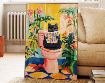 Black Cat On a Toilet Print, Bathroom Cat Print, Pink Dopamine Decor, Funny Bathroom Wall Art, Cat Pooping Print, Gift For Cat Lover PS0636