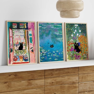 Set di 3 poster artistici con gatti neri, stampa con gatti da giardino di Klimt, poster con gatti con fiori di Monet, stampa con gatti divertenti, regalo divertente, regalo d'arte da parete per gallerie A02