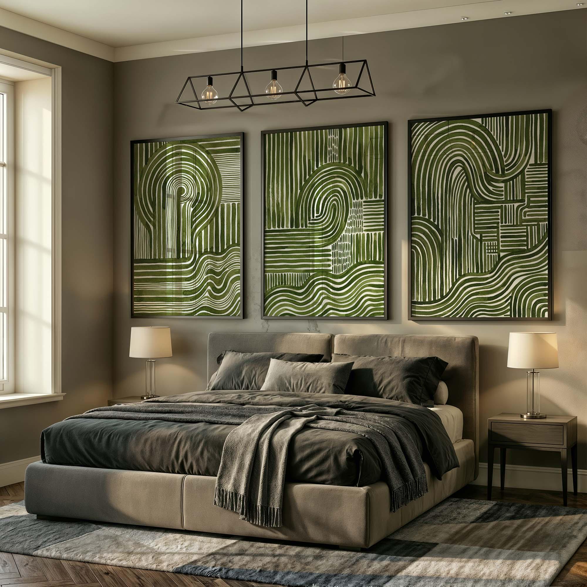 Abstract Green Wall Art Set of 3, Mid Century Modern Line Print Trio ...