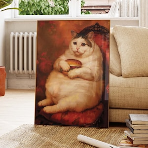 ハンバーガーを持った太った猫 ヴィンテージ ペインティング オルタードアート 面白い猫のポスター ボディポジティブポスター 猫好きへのギフト オルターアート エクレクティック ウォールアート PS0569