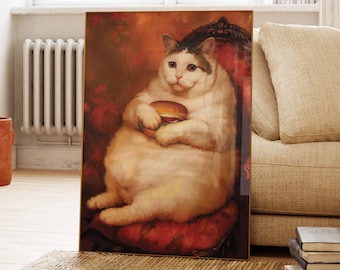 May include: A white cat with black markings sits on a red velvet chair, holding a hamburger in its paws. The cat has a serious expression on its face, and the painting is done in a realistic style.