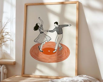 Plakat ścienny z winylu „Tańcząca para”, plakat z gramofonem w stylu retro, ilustracja inspirowana nowoczesną muzyką do domowego baru lub salonu