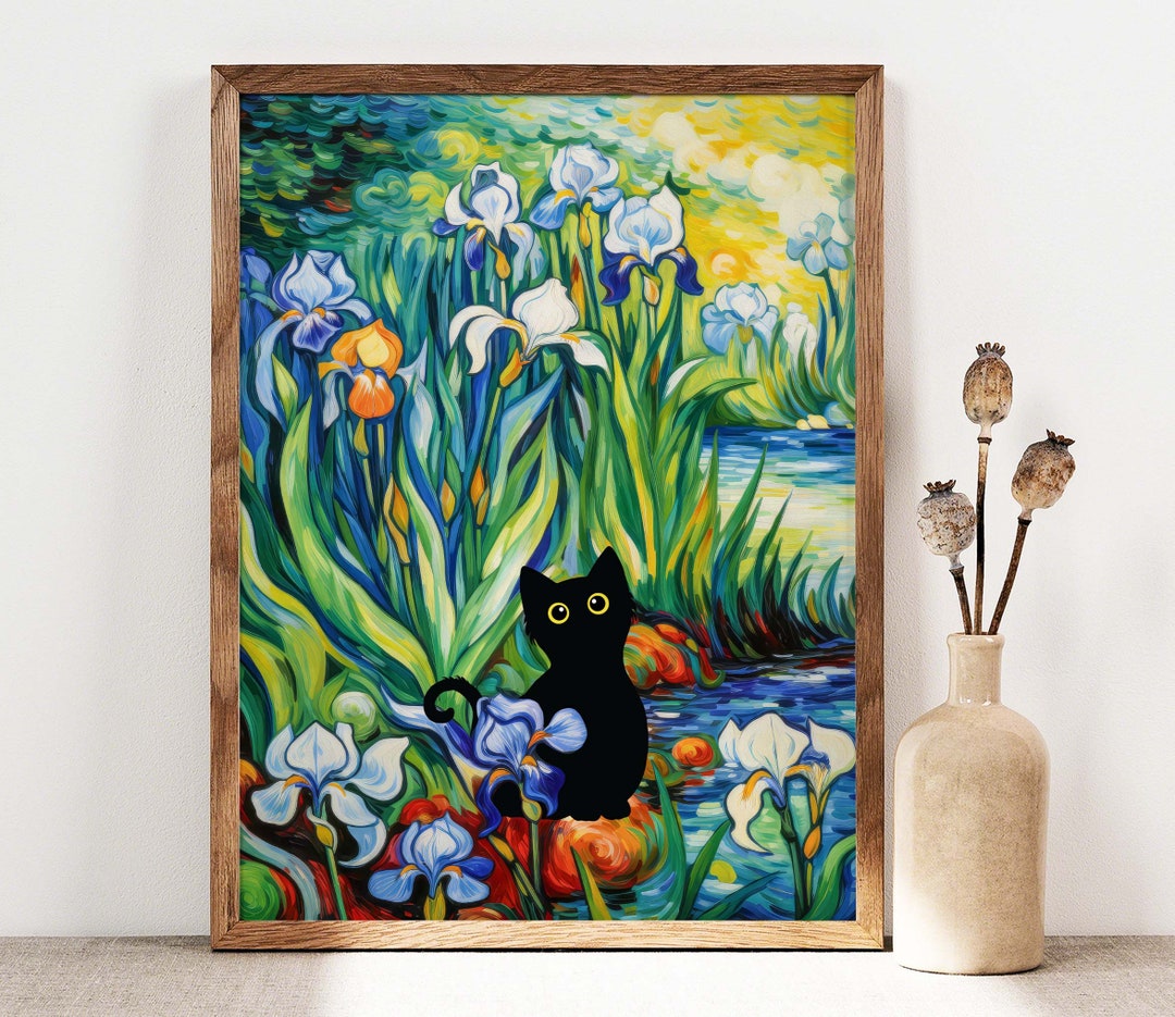 Black Cat Print, Irises Cat Poster, Cat Art, Floral Print, Funny Cat ...