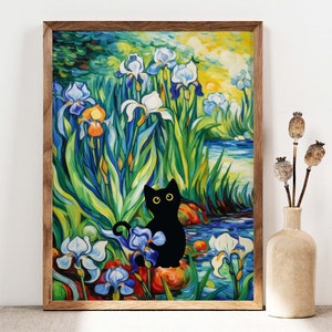 Black Cat Print, Irises Cat Poster, Cat Art, Floral Print, Funny Cat print gift, Fowers Poster, Flower Garden Black Kitten Gift Idea C007