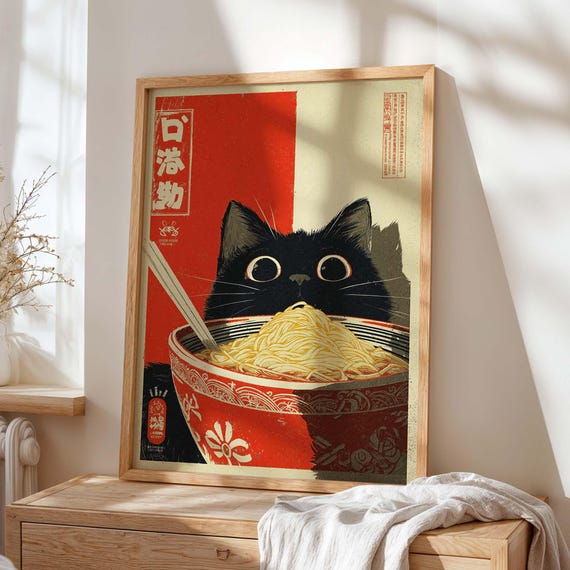Japanese Ramen Cat Poster Print, Retro Noodle Bowl Wall Art, Black Cat Kitchen Decor, Kawaii Anime Food Illustration