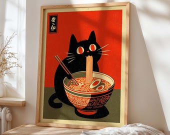 May include: A framed art print featuring a black cat enjoying ramen. The cat has red eyes and is eating noodles from a decorative bowl with chopsticks. The background is red and green.