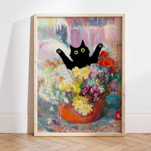 黒猫プリント、植木鉢の中の猫のポスター、花のプリント、面白い猫のプリント、植物の家のウォールアート、絵画の中の猫、猫好きへのギフト PS0599
