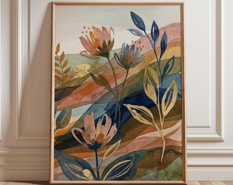 Abstract Floral Landscape Print, Earth Tone Watercolor, Boho Botanical Wall Art
