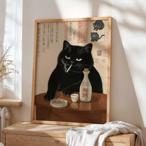 Smoking Cat Print, Japanese Bar Wall Art, Grumpy Black Cat With
