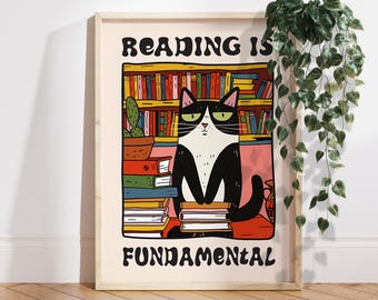 Reading is Fundamental Cat Print Wall Art Print Funny Cat Print Maximalist Wall Art Books Wall Art Cats and books Wall Art Print PS0564