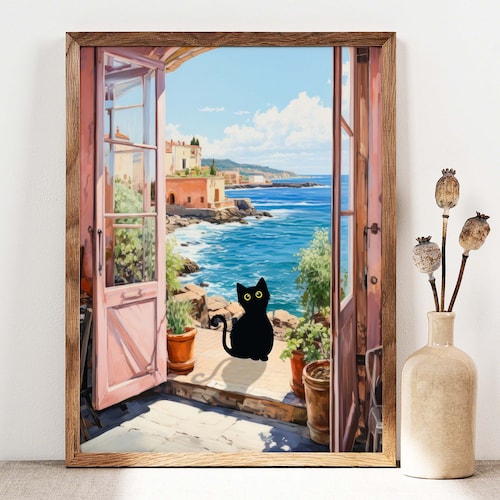 Impression de chat noir, affiche de chat fenêtre ouverte, art de chat, impression florale, impression de chat drôle, cadeau drôle, affiche de décoration intérieure, idée cadeau chaton noir C001