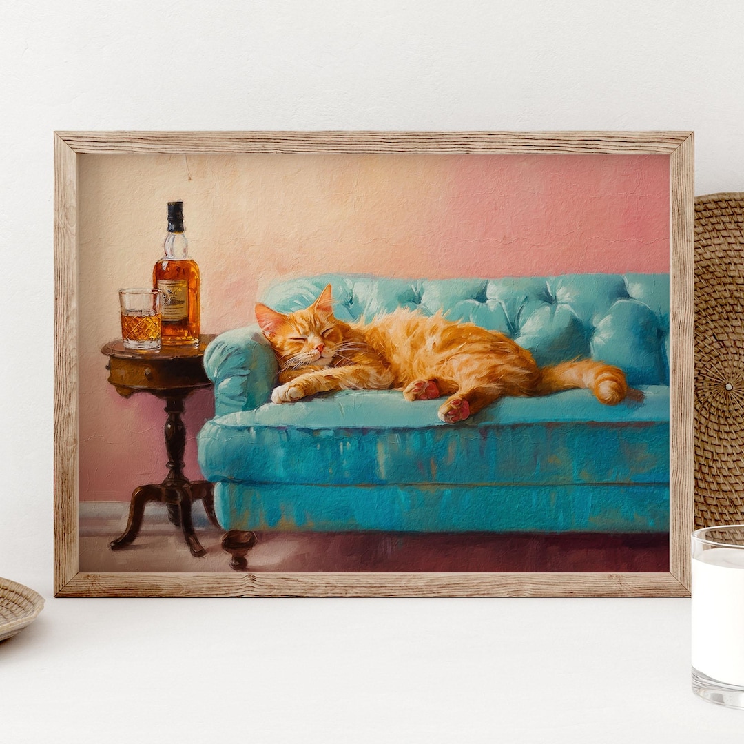 Orange Cat With Whiskey Art Print, Cute Quirky Whimsical Wall Art ...
