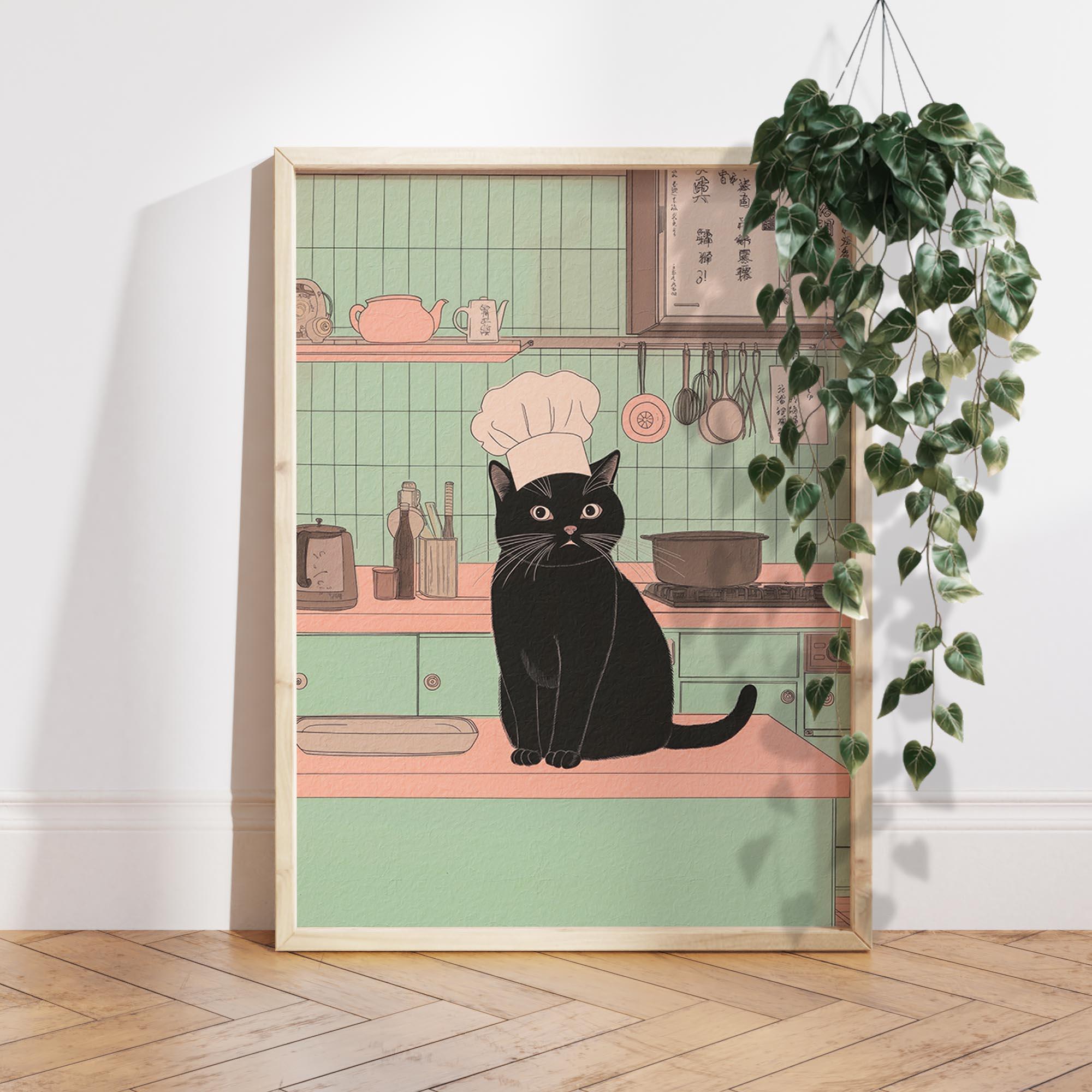 black cat chef art print: boho kitchen cooking poster... Black Cat in a Chef's Hat Kitchen Decor Art Print, Japanese Wall Decor ...