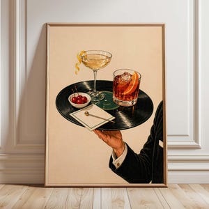 Vintage cocktailtryck, vinylskiva barbricka, retro martini loungedekor