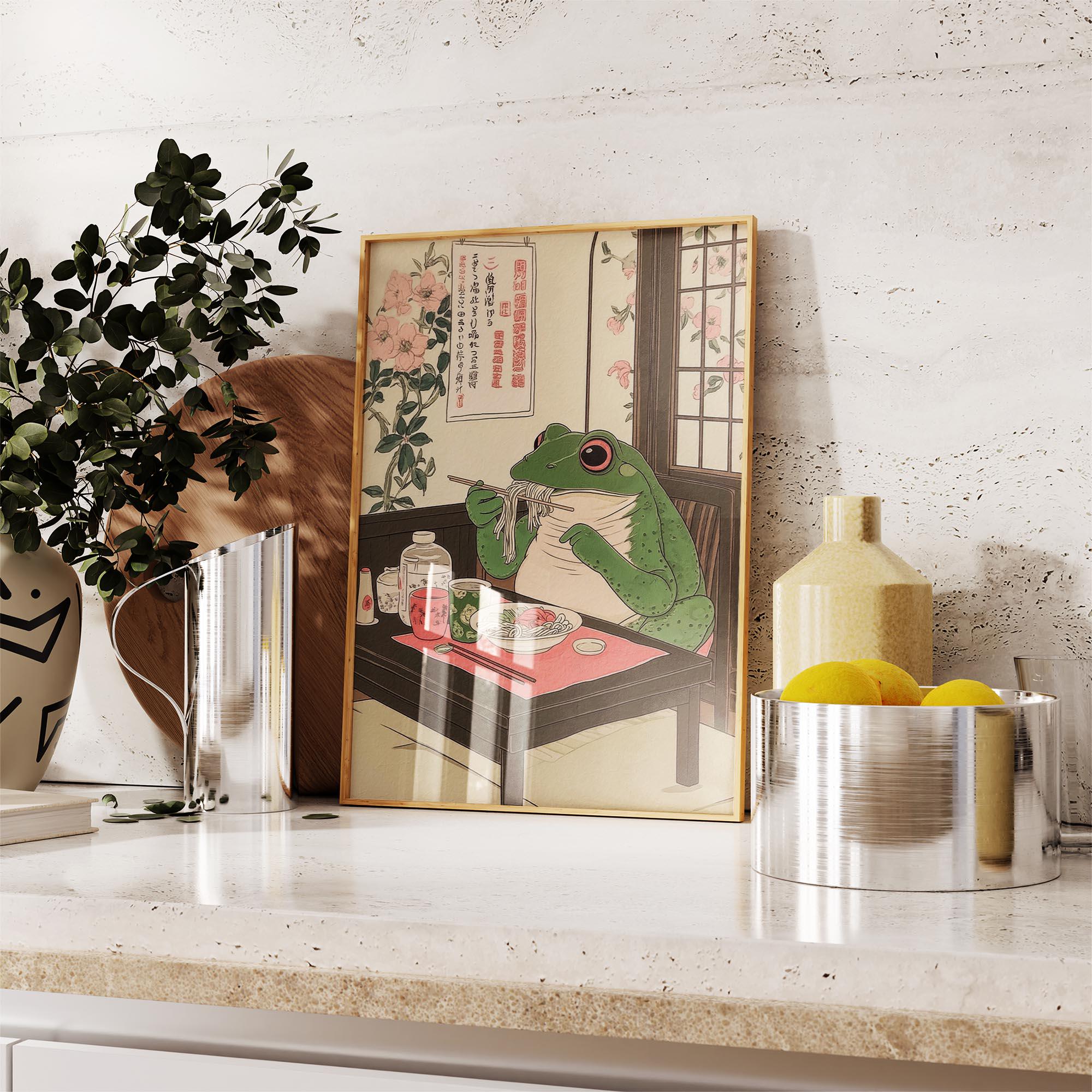 Retro Frog Ramen Poster, Quirky Japanese Kitchen Wall Art, Cute Frog Eating Ramen Print Unique Gift Food Lovers Ramen Fans Decor Living Room Bedroom 16