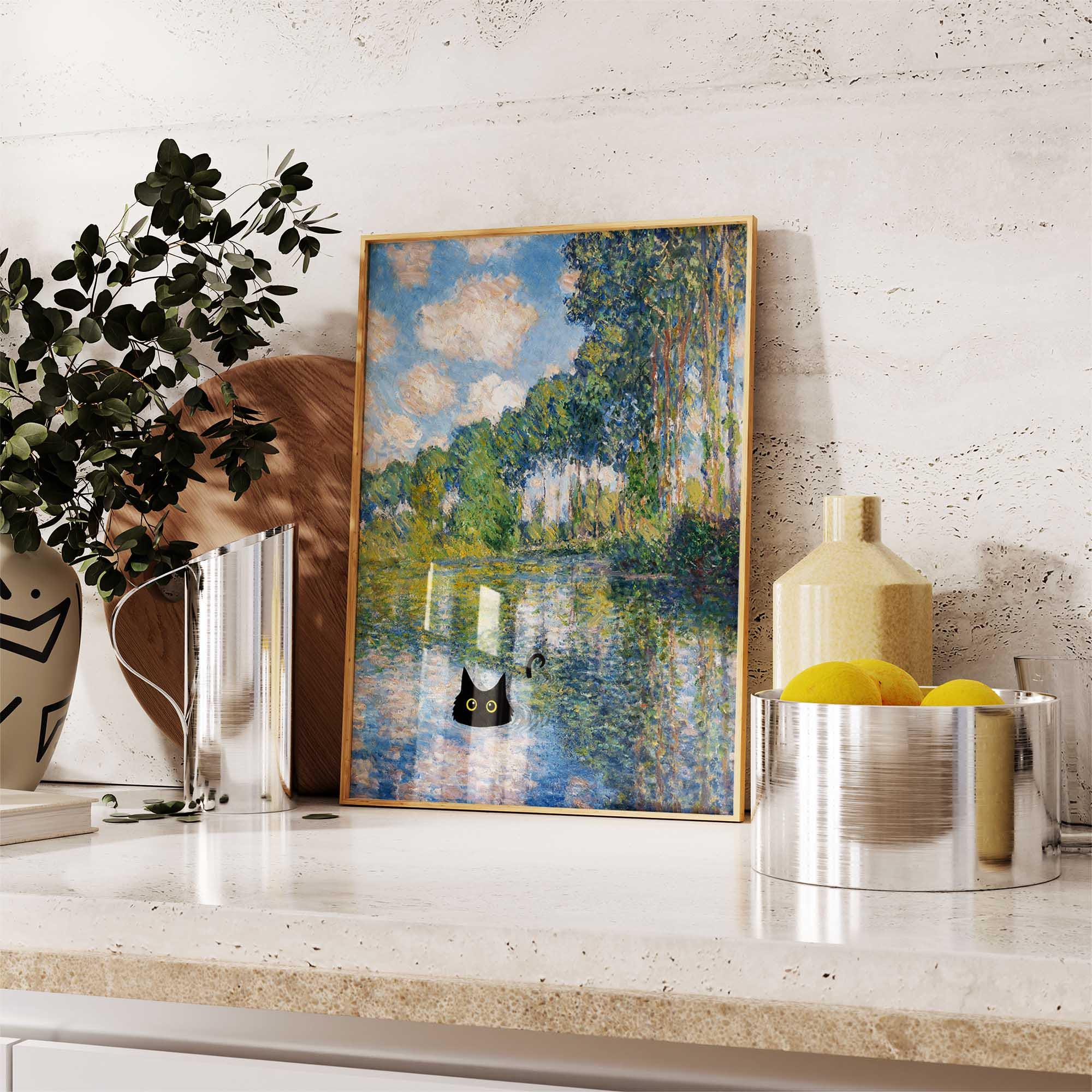 黒猫アートポスター、モネの泳ぐ猫のプリント、クロード・モネの猫の