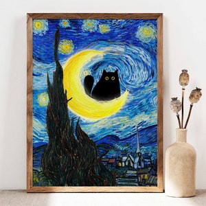 Vincent Van Gogh's The Starry Night Cat Print, Van Gogh Cat Poster, Black Cat Art, Funny Cat print, Funny gift, Home decor Poster PS0183 image 1