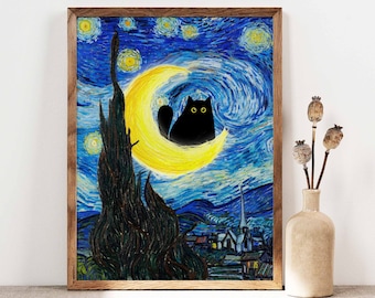 Vincent Van Gogh's The Starry Night Cat Print, Van Gogh Cat Poster, Black Cat Art, Funny Cat print, Funny gift, Home decor Poster PS0183