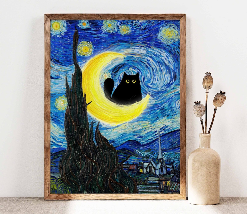 Vincent Van Gogh's The Starry Night Cat Print, Van Gogh Cat Poster, Black Cat Art, Funny Cat print, Funny gift, Home decor Poster PS0183 image 1