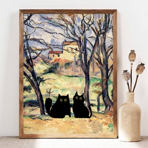 Black Cat Poster, Paul Cezanne Trees and Houses Cat Print, Black Cat Art, Funny Cat print, Funny gift, Two Cats Home decor Poster PS0205