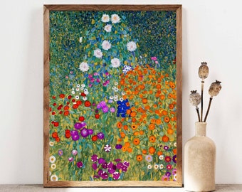 Gustav Klimt Poster, Cottage Garden, Klimt Flowers, Floral Wall Decor, Spring Wall Art, Gift Idea, Garden Flowers Klimt Painting GK024