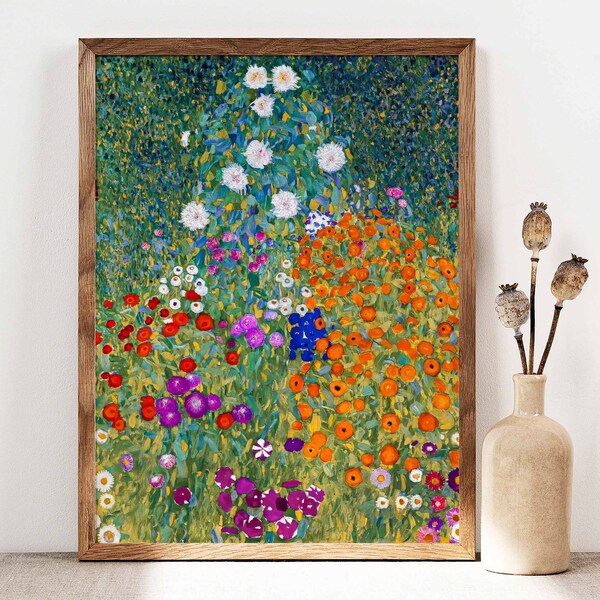 Affiche Gustav Klimt, cottage de jardin, fleurs de Klimt, décoration murale florale, oeuvre d'art murale printanière, idée cadeau, peinture de fleurs de jardin Klimt GK024