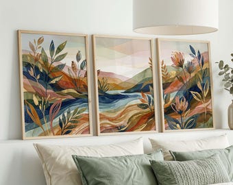 Abstract Landscape Wall Art Set of 3, Boho Watercolor Botanical Prints, Colorful Mountain River Triptych, Bedroom Decor