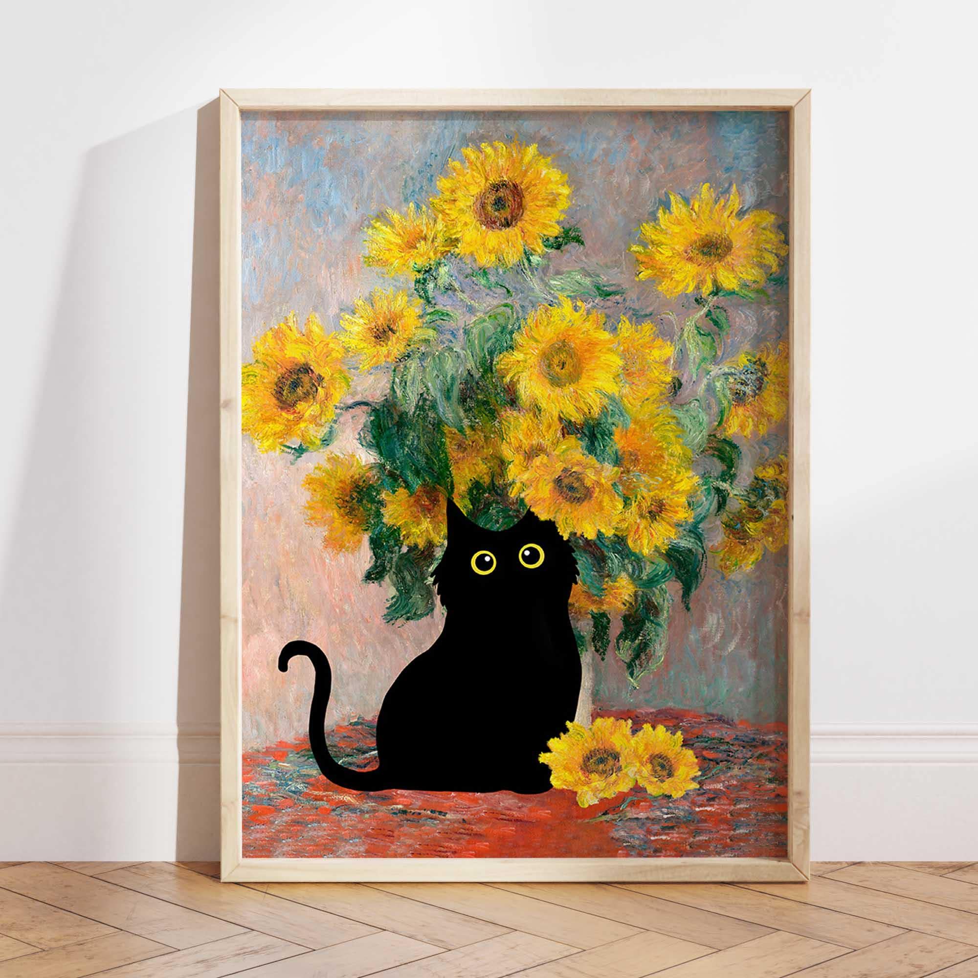 クロード・モネのひまわり猫プリント、モネ猫ポスター、黒猫アート、花柄プリント、面白い猫プリント、面白いギフト、ホームデコレーションポスター PS0342