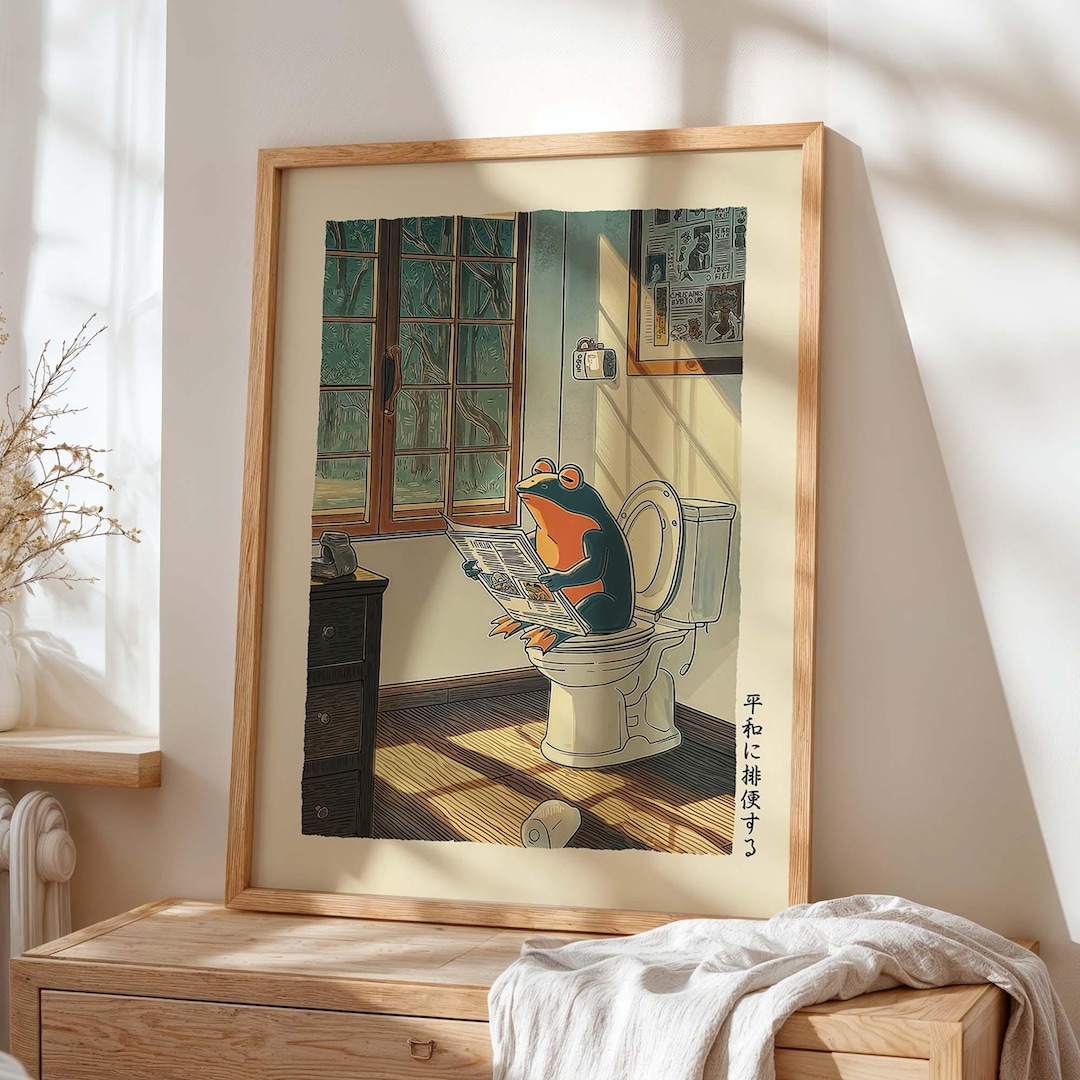 Funny Pooping Frog Bathroom Art Print, Toilet Reading Poster, Japanese ...
