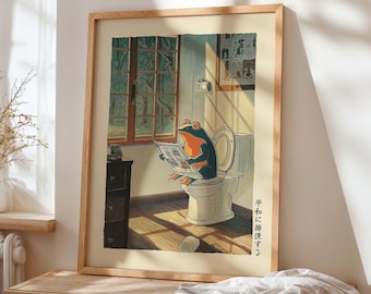 Funny Pooping Frog Bathroom Art Print, Toilet Reading Poster, Japanese Retro Ukiyo-e Wall Decor, Whimsical Restroom Humor Gift