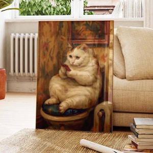 Gatto seduto sul water e che usa uno smartphone Dipinto Poster di gatto divertente Decorazione da parete per il bagno Poster Regalo per amanti dei gatti Arte da parete PS0584